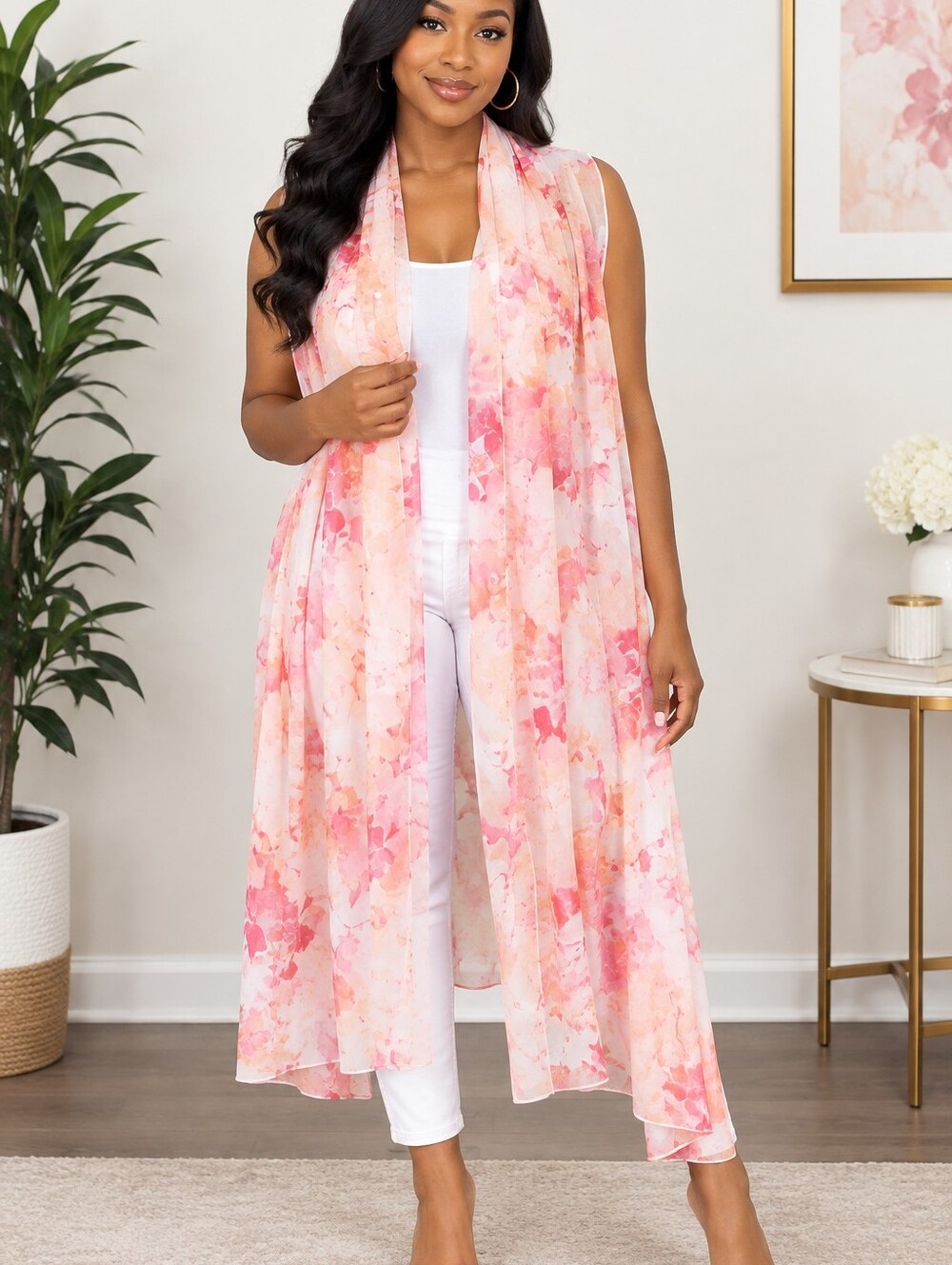 Calvin Klein Woman Peach and Coral Watercolor Scarf